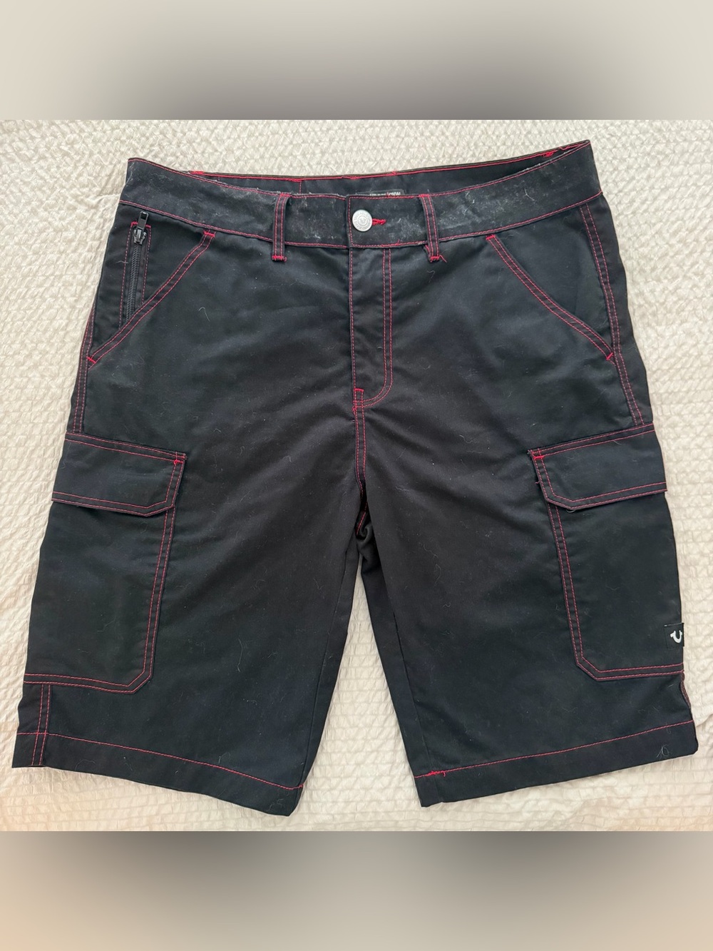 True Religion Black Cargo Shorts with Red Stitching